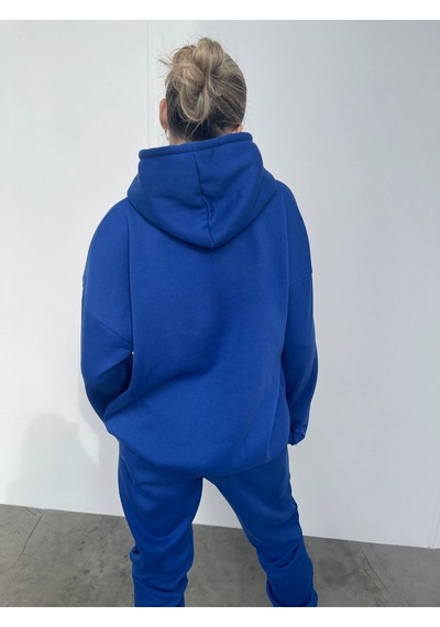 Ellore Eşofman Takımı Sweatshirt Jogger - Sax Mavi Baskılı Oversize Şardonlu Kapüşonlu Saks Mavi