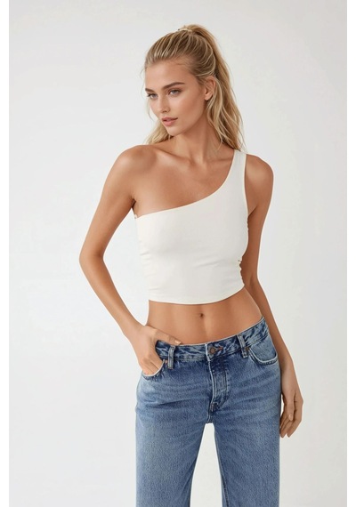 Hiccup Asimetrik Yaka Soft Crop Top Beyaz