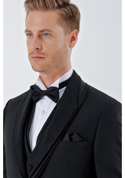İmza Siyah Çizgili Çıkarılabilir Şal Yaka Yelekli 6 Drop Slim Fit Smokin Damatlık Takım 1001230212-Siyah İmza Siyah Çizgili Çıkarılabilir Şal Yaka Yelekli 6 Drop Slim Fit Smokin Damatlık Takım 1001230212-Siyah
