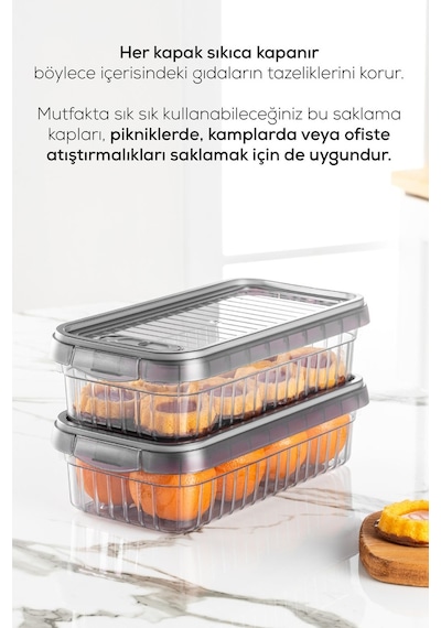 Vienev 3lü Kendinden Çizgili Kilitli Kapaklı Saklama Kabı Seti 2 Litre Antrasit