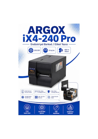 Argox İx4-240 Pro Endüstriyel Barkod Yazıcı 203 Dpı Ethernet, Usb, Rs-232