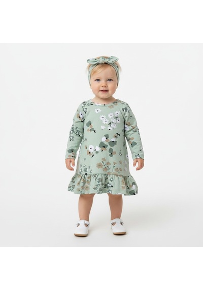 Çiçekli Uzun Kol Kız Bebek Elbise St09755 Yeşil