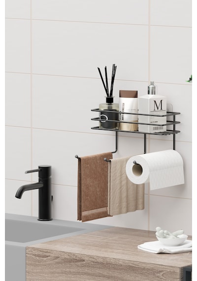 Yapışkanlı Raflı Havlu Kurutmalık Mutfak Banyo Rafı Askısı Raf Duvar Düzenleyici Organizer Havluluk Siyah
