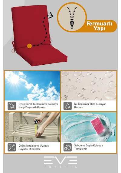 Eve Tekstil Bahçe - Salon - Balkon Arkalıklı Fermuarlı Bağlanabilir Yıkanabilir Sandalye Minderi 8 Adet Kırmızı