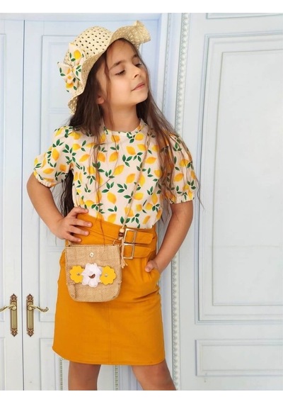 Quzucuk Kids Kız Çocuk Limon Figürlü Etekli Sarı Takım Sarı