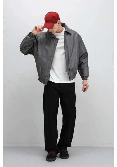 Vamos Oversize Deri Bomber Ceket Gri