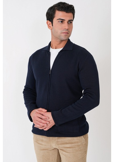 Comfort Fit Fermuarlı Torba Cepli Yünlü Lacivert Hırka Tr 896