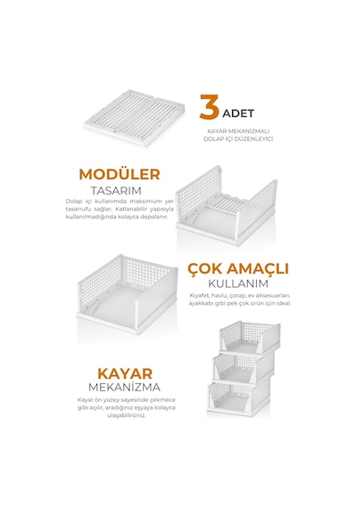 3'lü Modüler Kayar Raflı Dolap İçi Düzenleyici Seti, Toprak Toprak