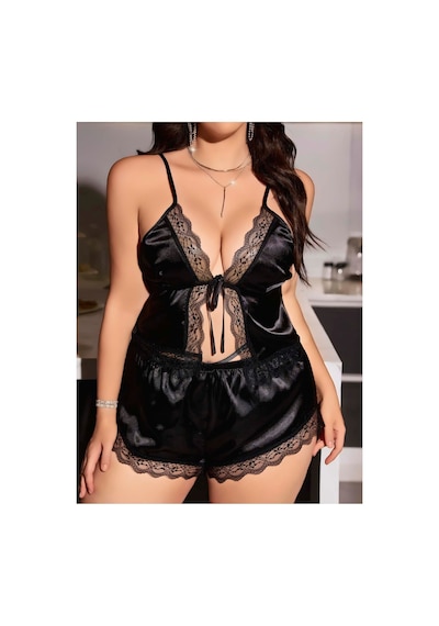 Lily Bianca Nightwear Göğüs Kısmı Dantelli Ve Şortlu Saten Gecelik Siyah