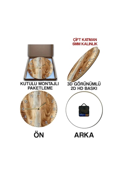 Sessiz Yuvarlak Ahşap Duvar Saati, Kuvars Hareketli 3d Görünümlü 2d Saat Sdw085 Renkli