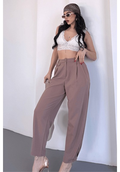 Paw Garage Kadın Jessia Bel Ve Paça Düğmeli Balon Model Likralı Kumaş Pantolon Vizon