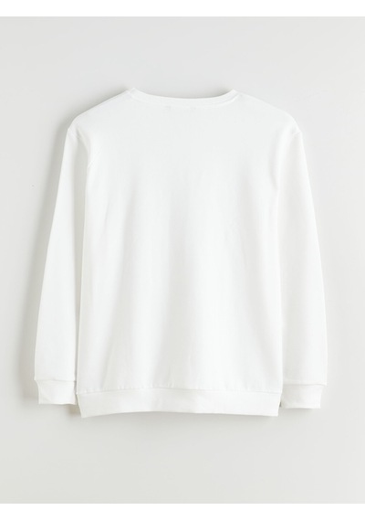 Lcwaıkıkı Classic Beyaz Büyük Beden Bisiklet Yaka Baskılı Erkek Kalın Sweatshirt