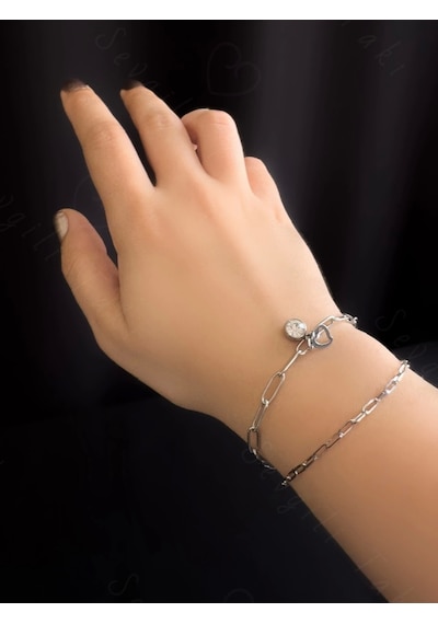 Kalpli Ve Zirkon Taşlı Charmlı İkili Çelik Bileklik Yaz Serisi Silver