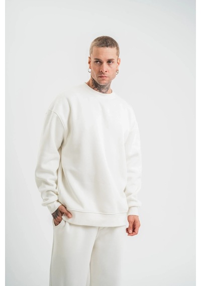 Erkek Uzun Kol Bisiklet Yaka 3 İplik Pamuklu Kışlık Sweatshirt - Beyaz Beyaz
