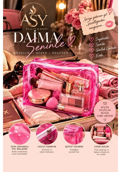 Su Geçirmez Pvc Makyaj Çantası, Fermuarlı Kozmetik Ve Seyahat Organizeri Pembe - 940904343
