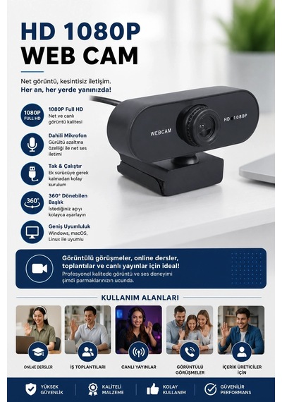 Mep Webcam  Hd 1080p Konferans Kamera Dahili Mikrofon Görüntülü Sohbet Yayın Kamerası Hd Video Najmaddin