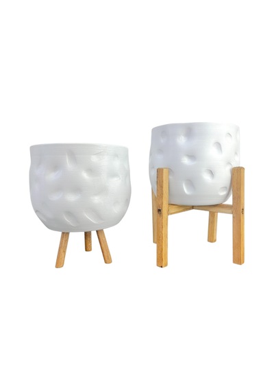 Bitki Tasarımı Ev Dekorasyon Aksesuar Beyaz Desenli Toprak Saksı Saksılık Salon Çiçeklik İkili Set 3-4 Ayaklı 19 Cm