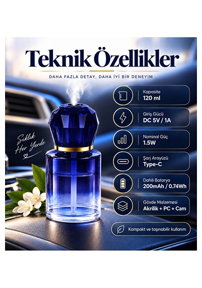 Araç Koku Makinesi 120 Ml Ultrasonik Aroma Difüzörü Type-c Şarjlı Ambiyans Işıklı 001
