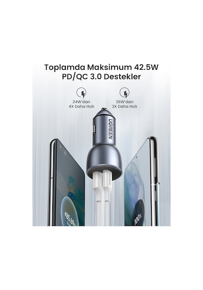 Ugreen 52.5w Qc Pd Hızlı Araç İçi Şarj Cihazı Çakmaklık Adaptörü 1xusb-c, 1xusb-a, Uzay Grisi, 60980