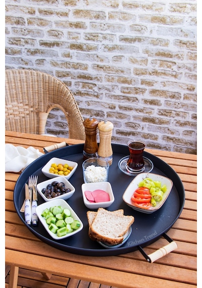 Kitchen Trend 51 CM Ahşap Kulplu Metal Yuvarlak Siyah Tepsi S .