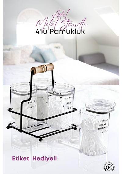 Grimorlife Metal Standlı 4 Lü Akrilik Kulak Pamuğu- Pamuk & Makyaj Pamuğu& Diş Ipi Organizeri- Etiket Hediyeli Siyah