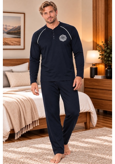 Free Beka Uzun Kollu Yakası Düğmeli Süprem Kumaş Erkek Büyük Beden Pijama Takımı Siyah