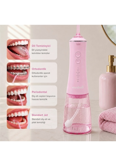 Steriball Oral Irrigator Ağız Duşu Pembe - 4 Temizlik Modu 360 Dönebilen Başlık 0,60 Mm İnce Su Akışı Yüksek Frekanslı Su Darbesi
