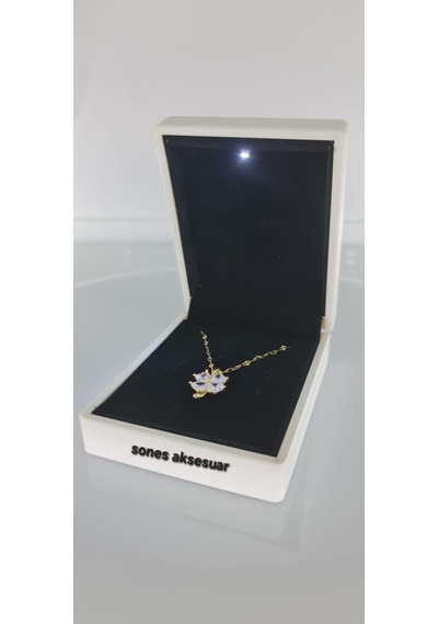 Işıklı Kutulu Taşlı Çelik Kolye 059 Gold