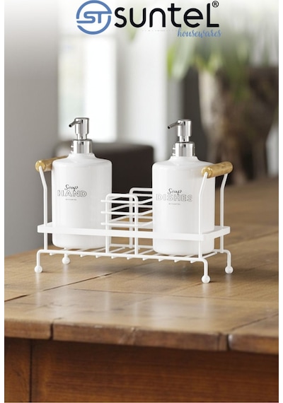 Suntel 2 Li Metal Standlı Plastik Sıvı Sabun Şişesi Sabunluk 500 Ml Beyaz Beyaz