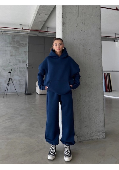 Kazax 3 İplik Şardonlu Kapşonlu Sweatshirt Lacivert P510436 Lacivert