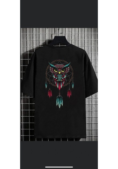 Tarzsokak Erkek Siyah Baykuş Oversize Bisiklet Yaka Tshirt Siyah