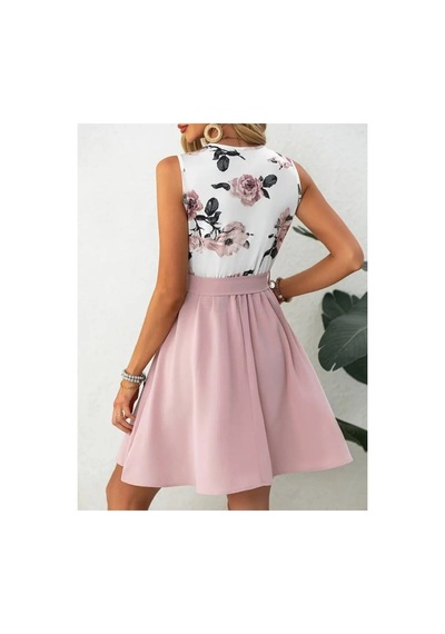 Butik İstanbul Kadın Sıfır Kollu V Yakalı Çiçek Baskılı Beli Kuşaklı Dalgıç Elbise Pembe