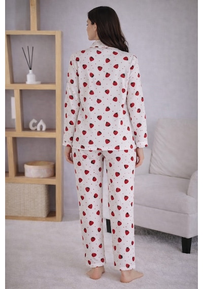 Pemilo Kadın 7113 Yakalı Düğmeli Uzun Kol Pijama Takımı Beyaz