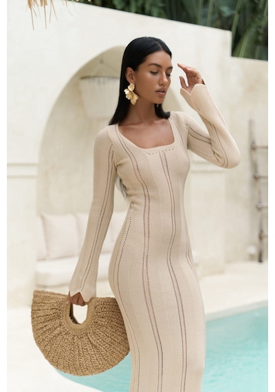 Mai Collection Mai Studios Co. Paulina Dantel Örgülü Bej Triko Elbise Bej