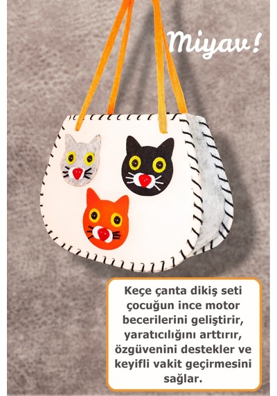 Keçe Dikiş Seti , Kedili Keçe Çanta, Kendin Yap Çocuk Çantası