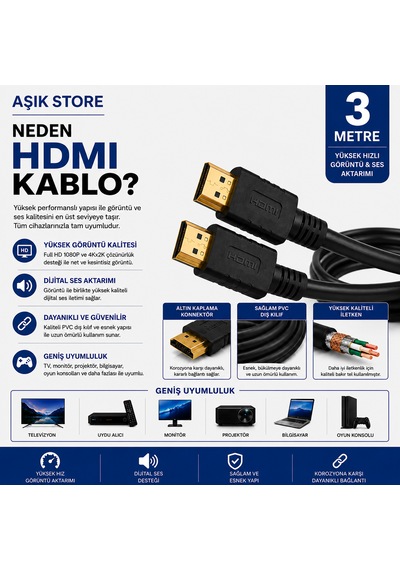 Hdmı Kablo 3 Metre Full Hd 1080p 4kx2k Yüksek Hızlı Görüntü Ve Ses Aktarım Kablosu Altın Kaplama Konnektör Pvc Dış Kılıf