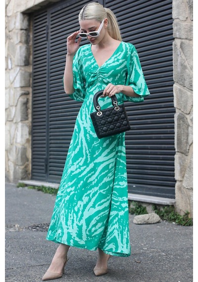 Madmext Yeşil Desenli V Yaka Midi Elbise Mg1797
