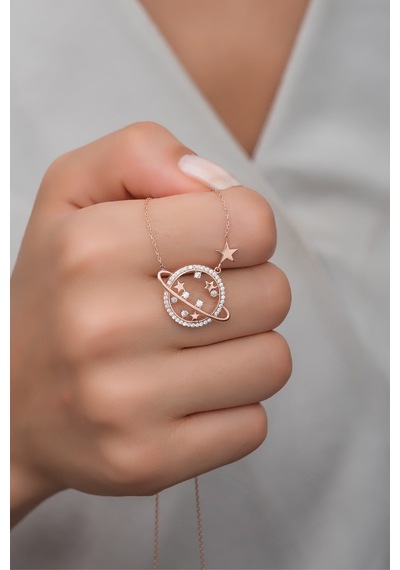 925 Ayar Gümüş Zirkon Taşlı Gezegen Kolye Rose Gold