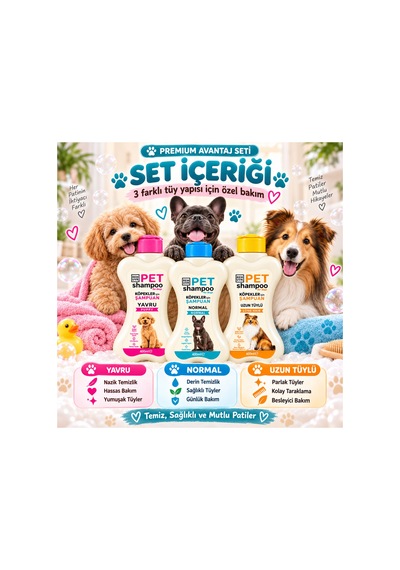 Köpek Şampuan Seti 3x400 Ml Yavru, Normal Ve Uzun Tüylü Köpekler İçin Premium Bakım Paketi