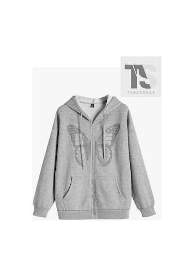 Tarzsokak Kelebek Tasarım Sweatshirt Fermuarlı Hırka Gri