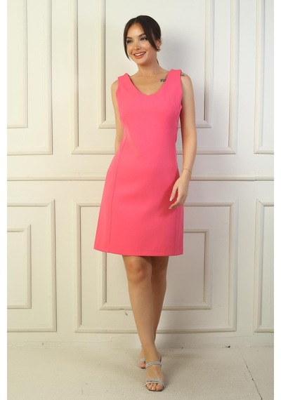 By Saygı V Yaka Klasik Kısa Krep Elbise-39823 Pembe