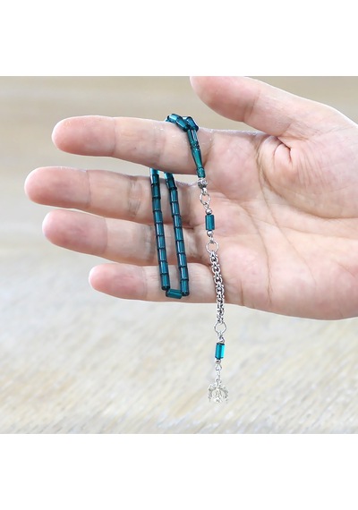 Tesbihane Ateş Kehribar Tesbih - Metal Püsküllü - Mini Boy - Kesme Kesim - Turkuaz Renk