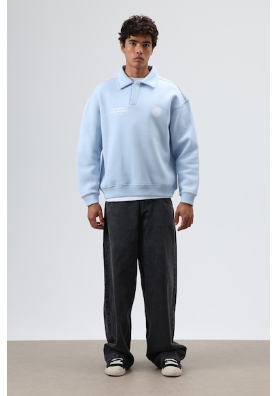 Vamos Polo Yaka Oversize Baskılı Yıkamalı Sweatshirt Bebe Mavi