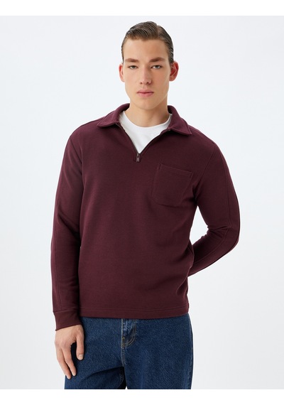 Koton Polo Yaka Sweatshirt Uzun Kollu Cep Detaylı Pamuk Karışımlı Bordo 5wam70061mk Bordo