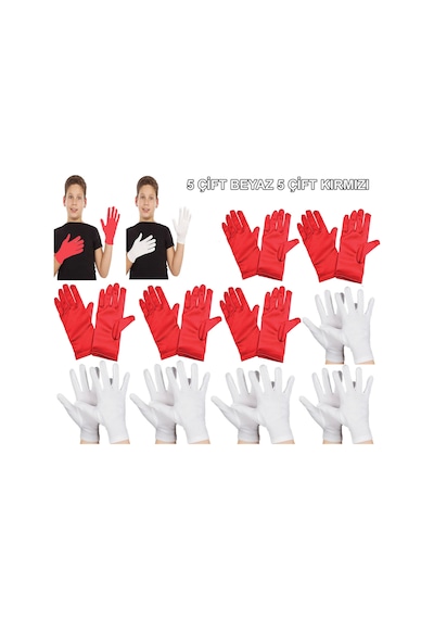 Çocuk - 640 - Gösteri Eldiven Seti 5 Çift Beyaz &amp 5 - Csmo-tex - Çift Kırmızı