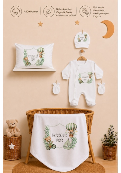 Pia Baby Kişiye Özel Erkek Bebek Hastane Çıkışı Tulum Seti %100 Pamuk İsimli Yastık Kılıfı Ve Battaniye 1042tyb3x Ekru