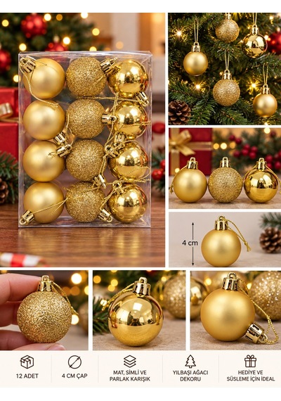 12'li Set 4 Cm Gold Yılbaşı Ağacı Süsü Mat, Simli Ve Parlak Karışık Çam Ağacı Topu Noel Süsü Diğer