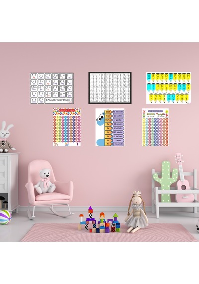 6'lı Eğitici Set 35x50 Cm Bristol Baskı Alfabe, Ritmik Sayma, Yüzlük Sayma, İngilizce Alfabe, Çarpım Tablosu, Zaman Tablosu 7