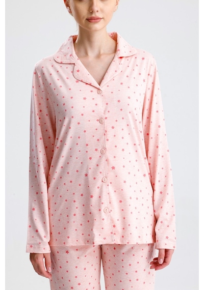 Yeni İnci Yıldız Desen Pamuk Kadın Pijama Takım Pembe