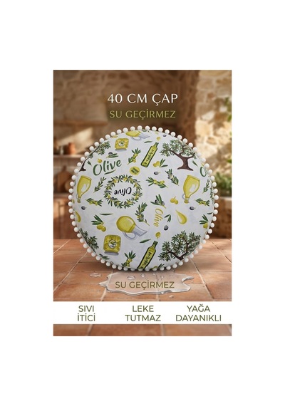 Yuvarlak Minder 40 Cm Çap Zeytin Desenli Dekoratif Minder Beyaz Ponponlu Su Geçirmez Sıvı İtici Çok Renkli